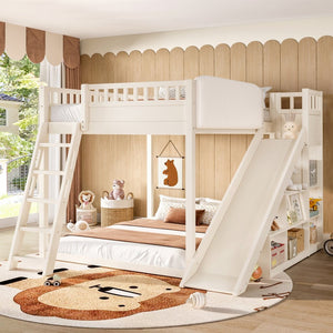 English Elm Full Size Kids Loft Bed Pine Frame Upholstered Headboard Built in Slide and Storage Shelves Beige W1580S00305