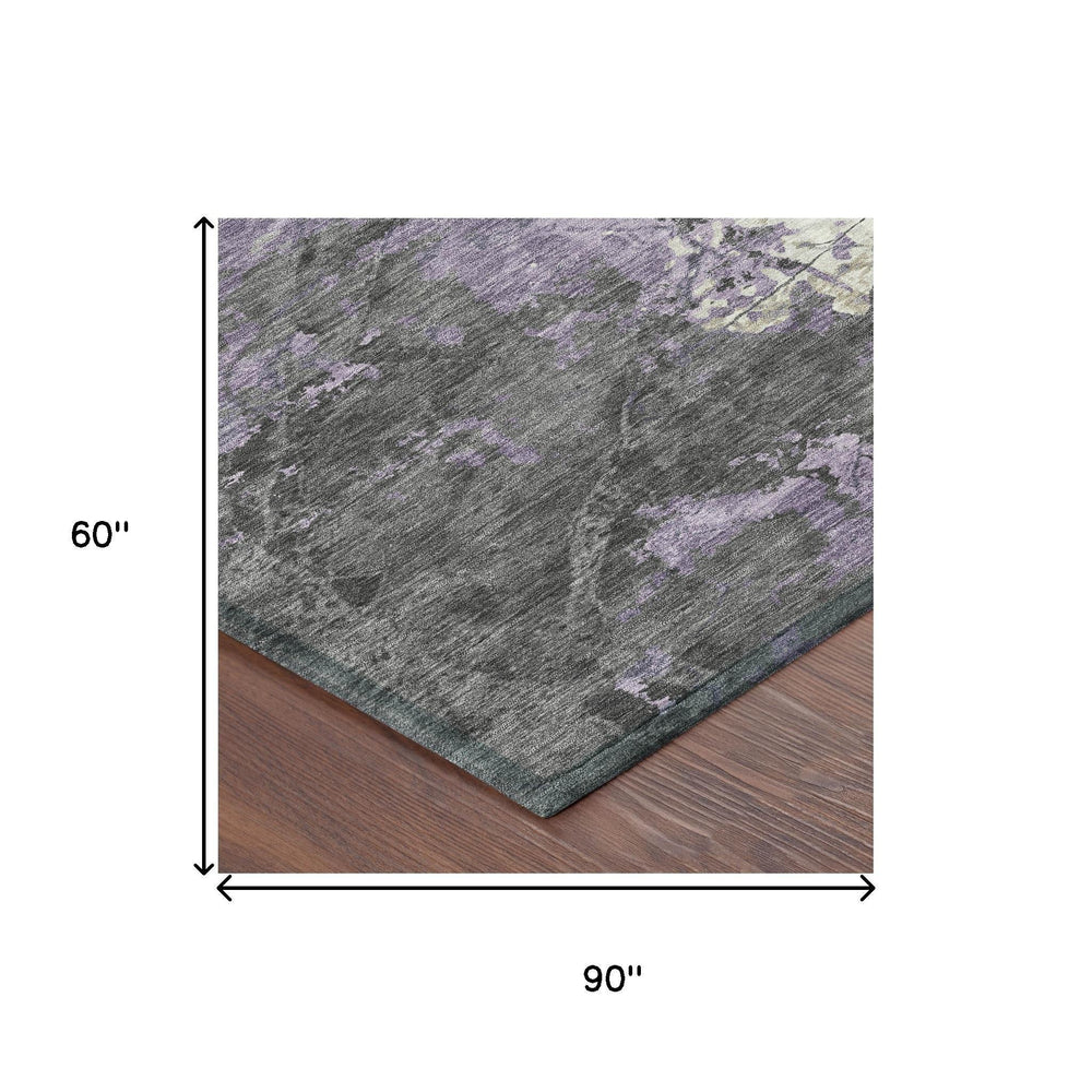 5 X 8 Abstract Plum Washable Polyester Area Rug for Indoor Outdoor Living