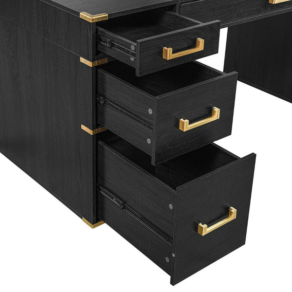 English Elm 70" Executive Writing Desk with Gold Metal Trim Seven Drawers and Built-in Power Outlets N751S376579B