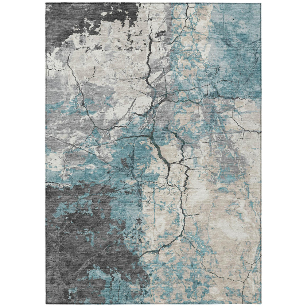 10x14 Teal Ivory Abstract Polyester Area Rug Washable Indoor Outdoor Patio