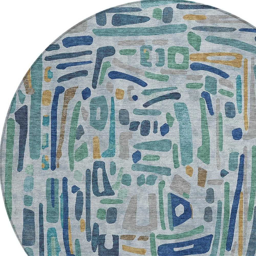 HomeRoots 8 Ft Round Teal Aqua Abstract Polyester Area Rug Washable for Patio and Foyer 724595