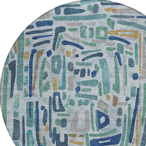 HomeRoots 8 Ft Round Teal Aqua Abstract Polyester Area Rug Washable for Patio and Foyer 724595