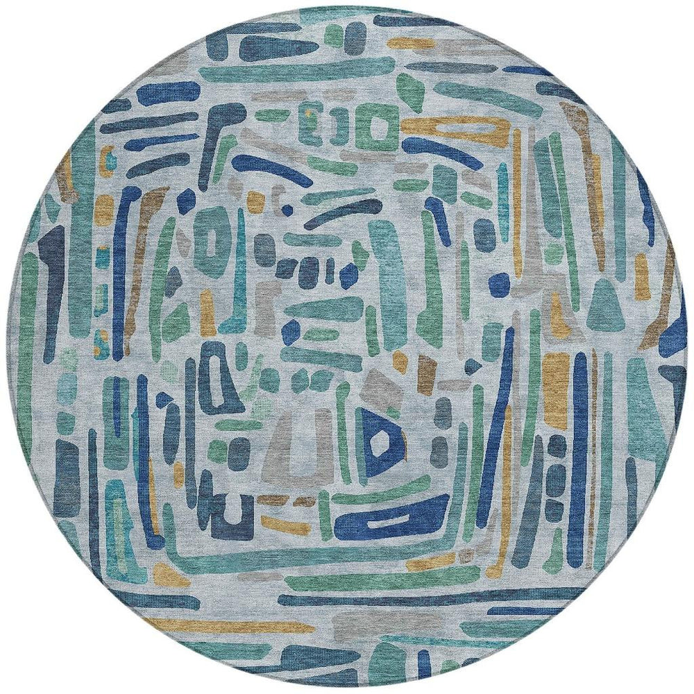 HomeRoots 8 Ft Round Teal Aqua Abstract Polyester Area Rug Washable for Patio and Foyer 724595