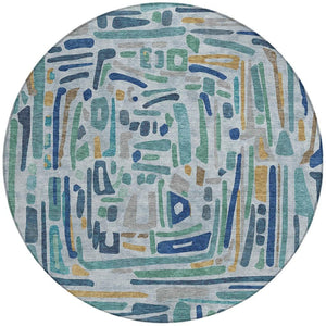 8 Ft Round Teal Aqua Abstract Polyester Area Rug Washable for Patio and Foyer