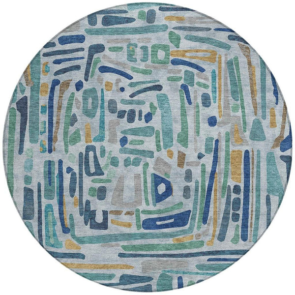 8 Ft Round Teal Aqua Abstract Polyester Area Rug Washable for Patio and Foyer
