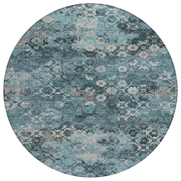 8 Ft Round Washable Teal Aqua Abstract Polyester Rug for Indoor Outdoor Spaces