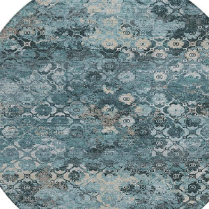 HomeRoots 8 Ft Round Washable Teal Aqua Abstract Polyester Rug for Indoor Outdoor Spaces 724625