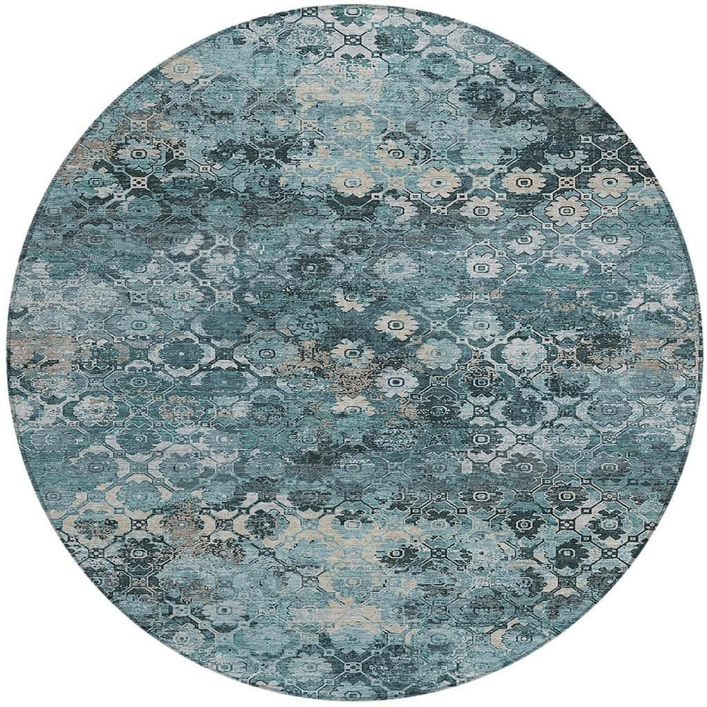 HomeRoots 8 Ft Round Washable Teal Aqua Abstract Polyester Rug for Indoor Outdoor Spaces 724625