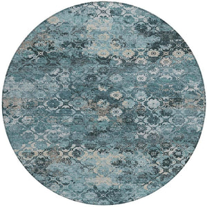 8 Ft Round Washable Teal Aqua Abstract Polyester Rug for Indoor Outdoor Spaces