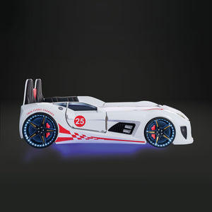 English Elm Modern Race Car Twin Bed With Led Lights, Magnetic Doors, Upholstered Comfort & Built-In Audio B2741S00505