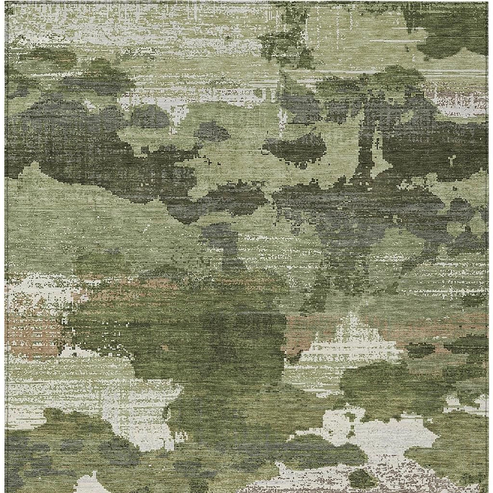 HomeRoots Olive Abstract Washable Polyester Indoor Outdoor Area Rug with Felt Backing for Patio Living 10' x 14' 724652