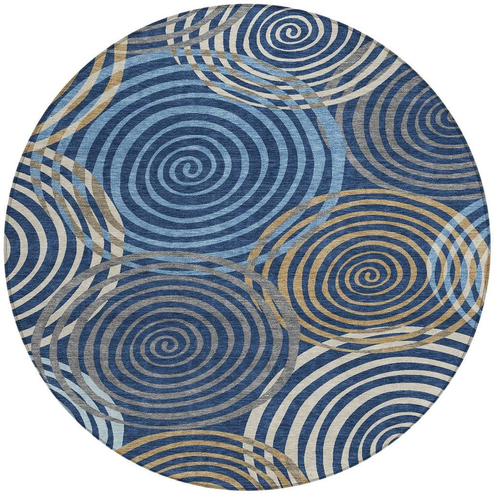 8 Foot Round Geometric Washable Polyester Area Rug for Indoor Outdoor Living