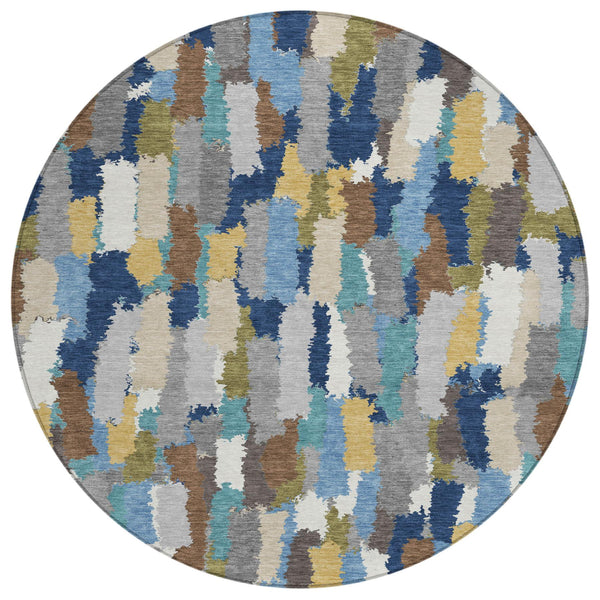 8 Ft Round Washable Polyester Rug Coastal Stripe Pattern for Indoor Outdoor Use