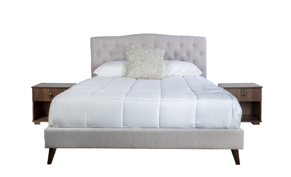 English Elm Queen Upholstered Fabric Bed Set with Tall Headboard and Two Walnut Nightstands B2699S00072