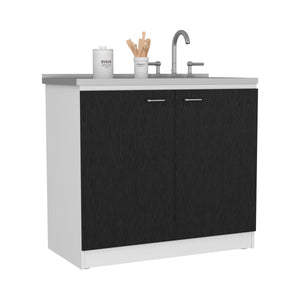 English Elm Freestanding Sink Cabinet With Double Doors, 2 Shelves, Stylish White & Black Finish For Storage B097S00140