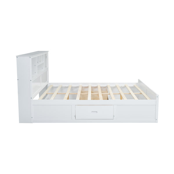English Elm King Platform Bed with Multi-Storage Headboard, Built-In USB & Outlets, Side Drawers, Modern Design White GX000400AAK