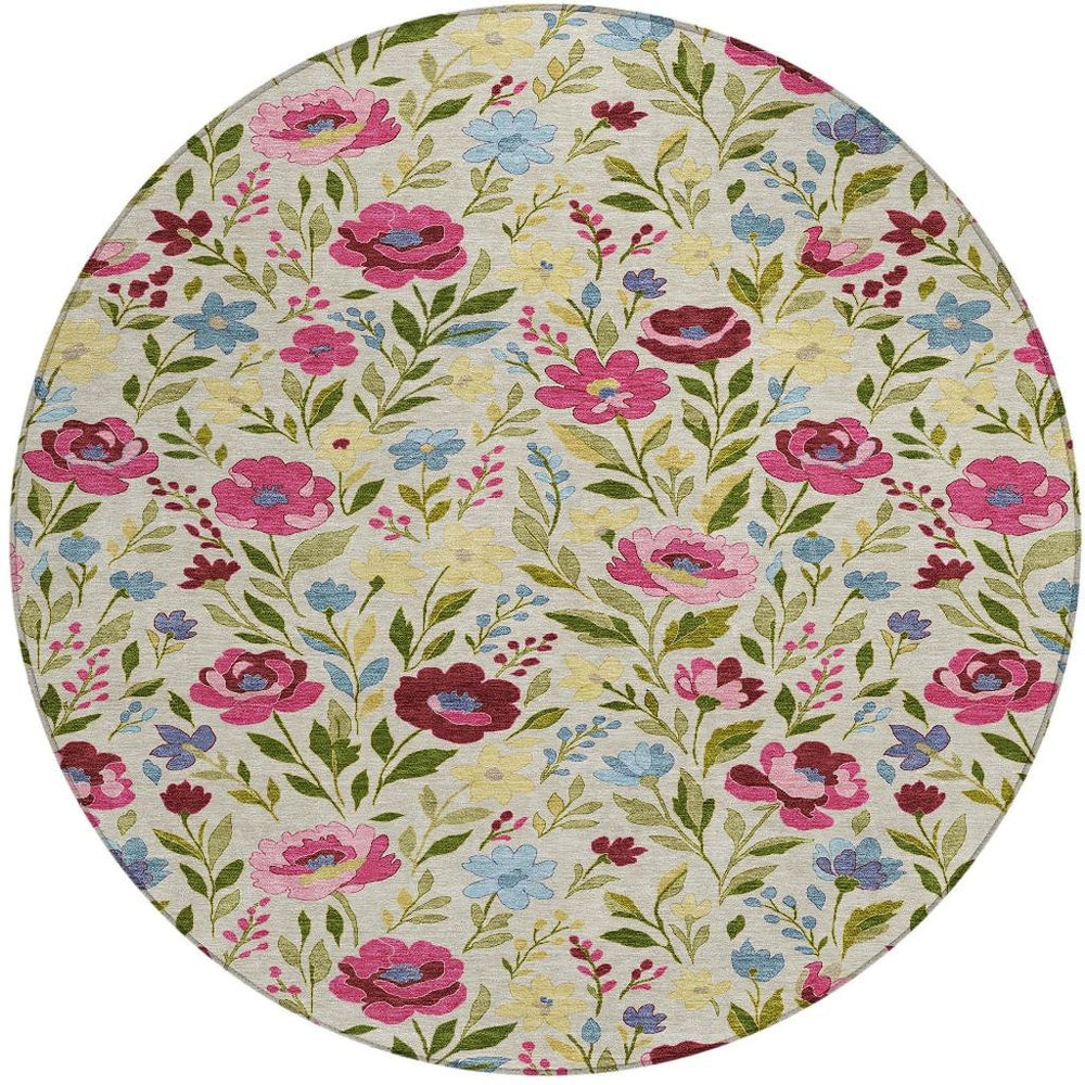 HomeRoots 8 Foot Round Floral Polyester Area Rug Washable Indoor Outdoor Patio Blush Linen 724805