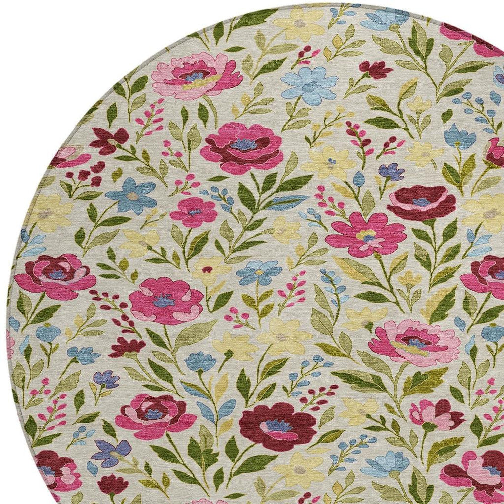 HomeRoots 8 Foot Round Floral Polyester Area Rug Washable Indoor Outdoor Patio Blush Linen 724805