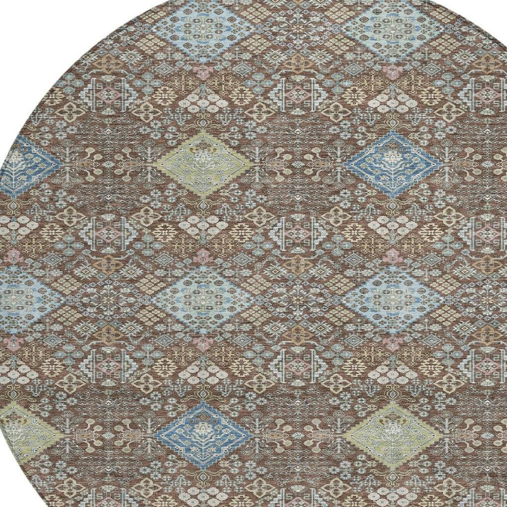 HomeRoots 8 Ft Round Oriental Polyester Area Rug Machine Washable for Indoor Outdoor Spaces 724865