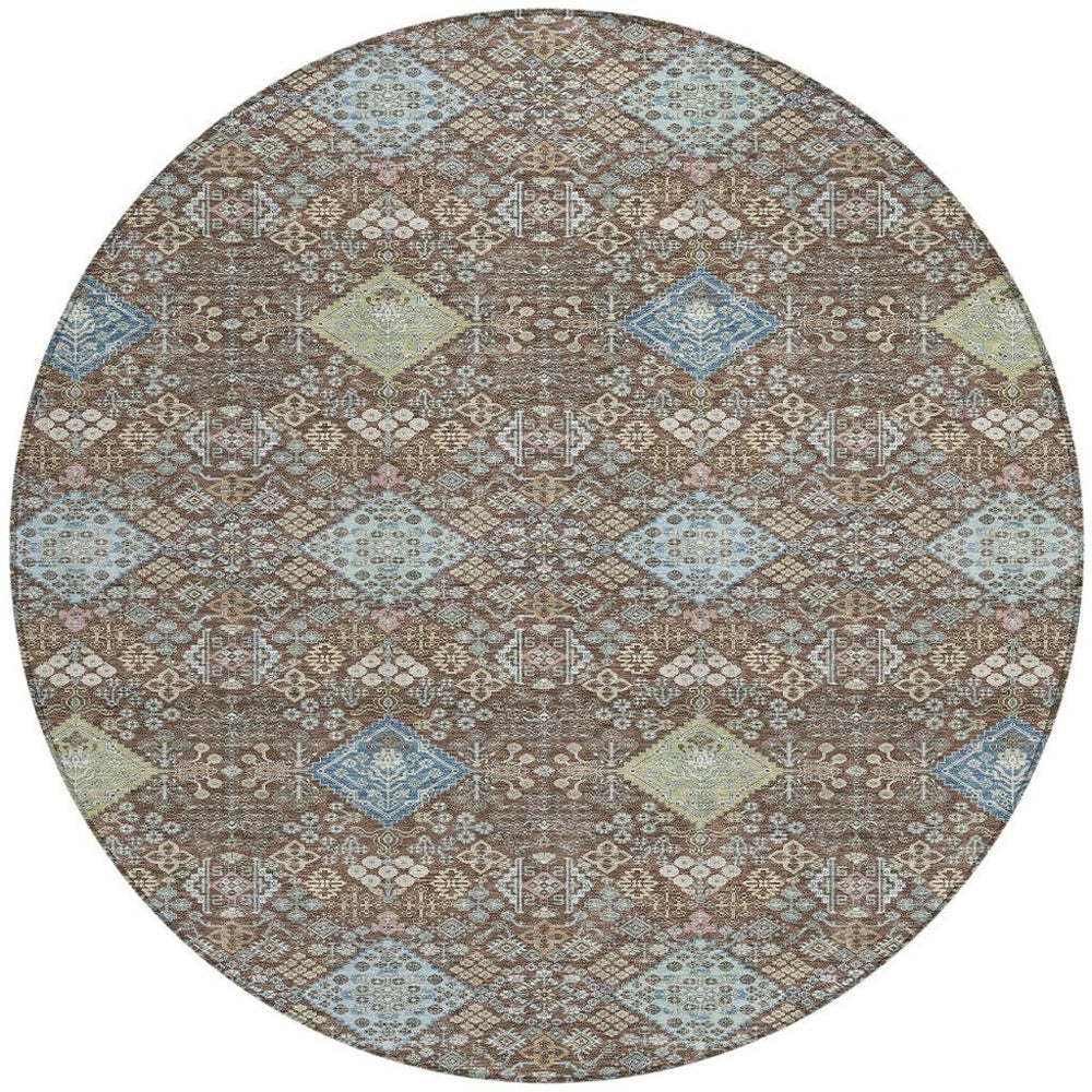 HomeRoots 8 Ft Round Oriental Polyester Area Rug Machine Washable for Indoor Outdoor Spaces 724865