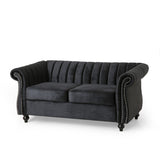 Christopher Knight Home® - Noble House - Glenmont Modern Glam Channel Stitch Velvet Loveseat with Nailhead Trim, Black and Dark Brown