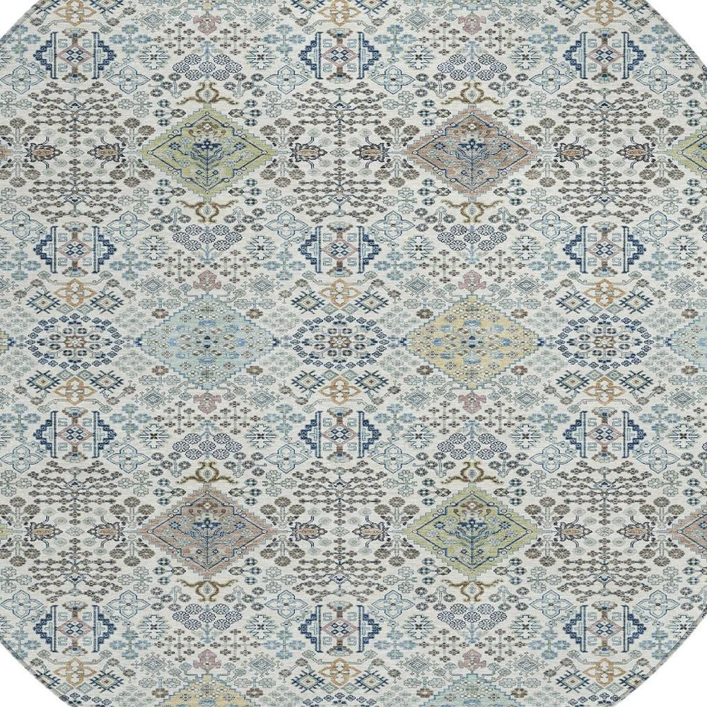HomeRoots 8 Ft Round Oriental Polyester Area Rug Washable Indoor Outdoor Ivory Blue Pattern 724883