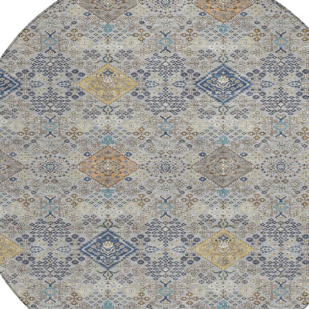 HomeRoots 8 Ft Round Oriental Geometric Polyester Area Rug Machine Washable Indoor Outdoor 724895