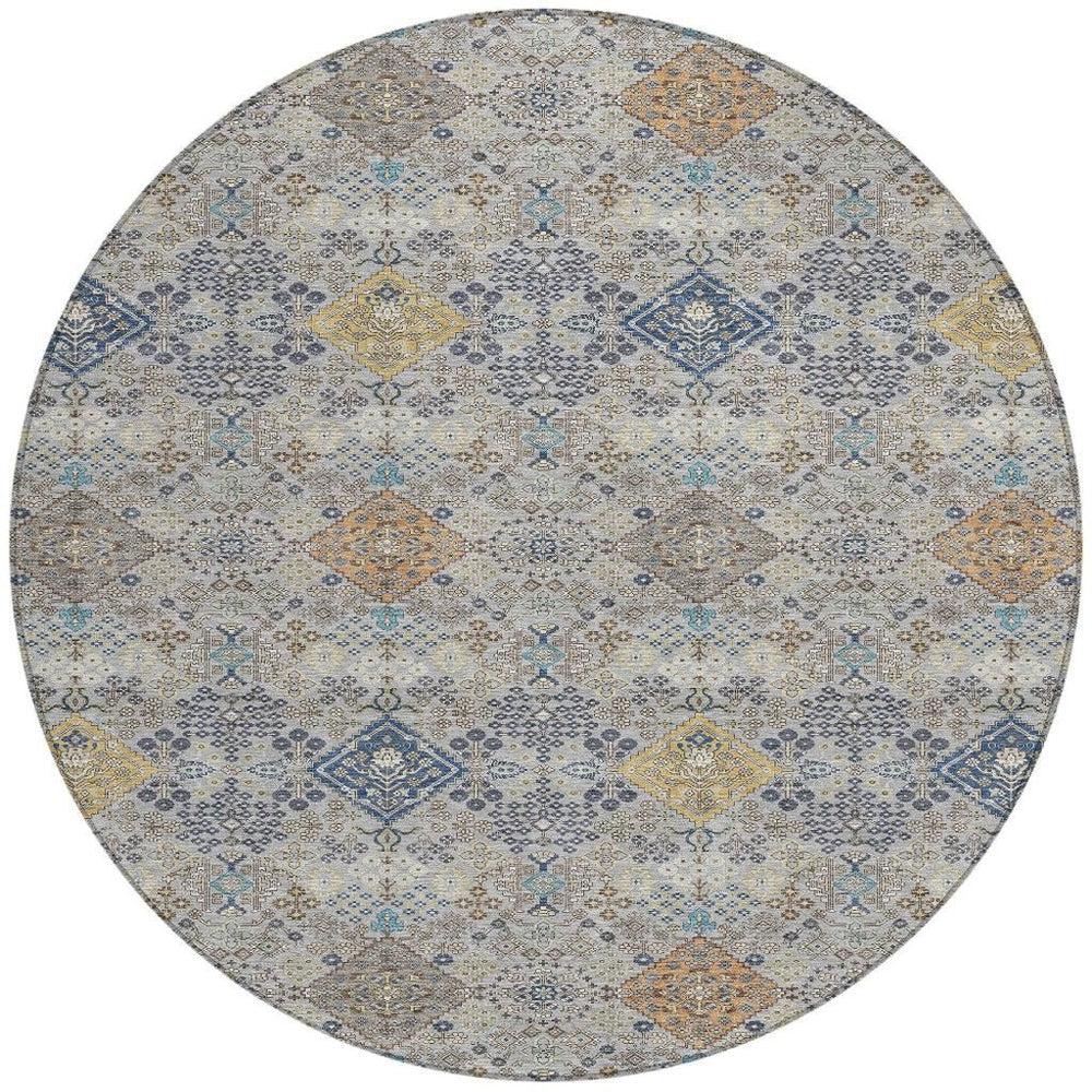 HomeRoots 8 Ft Round Oriental Geometric Polyester Area Rug Machine Washable Indoor Outdoor 724895