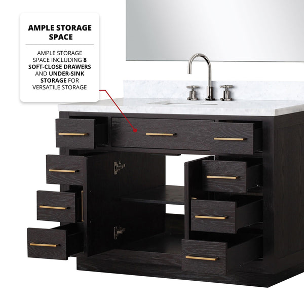 English Elm Black Oak Single Bath Vanity Set With Carrara Marble Top, Chrome Faucet & Frameless Mirror, 48" W B2731S02211
