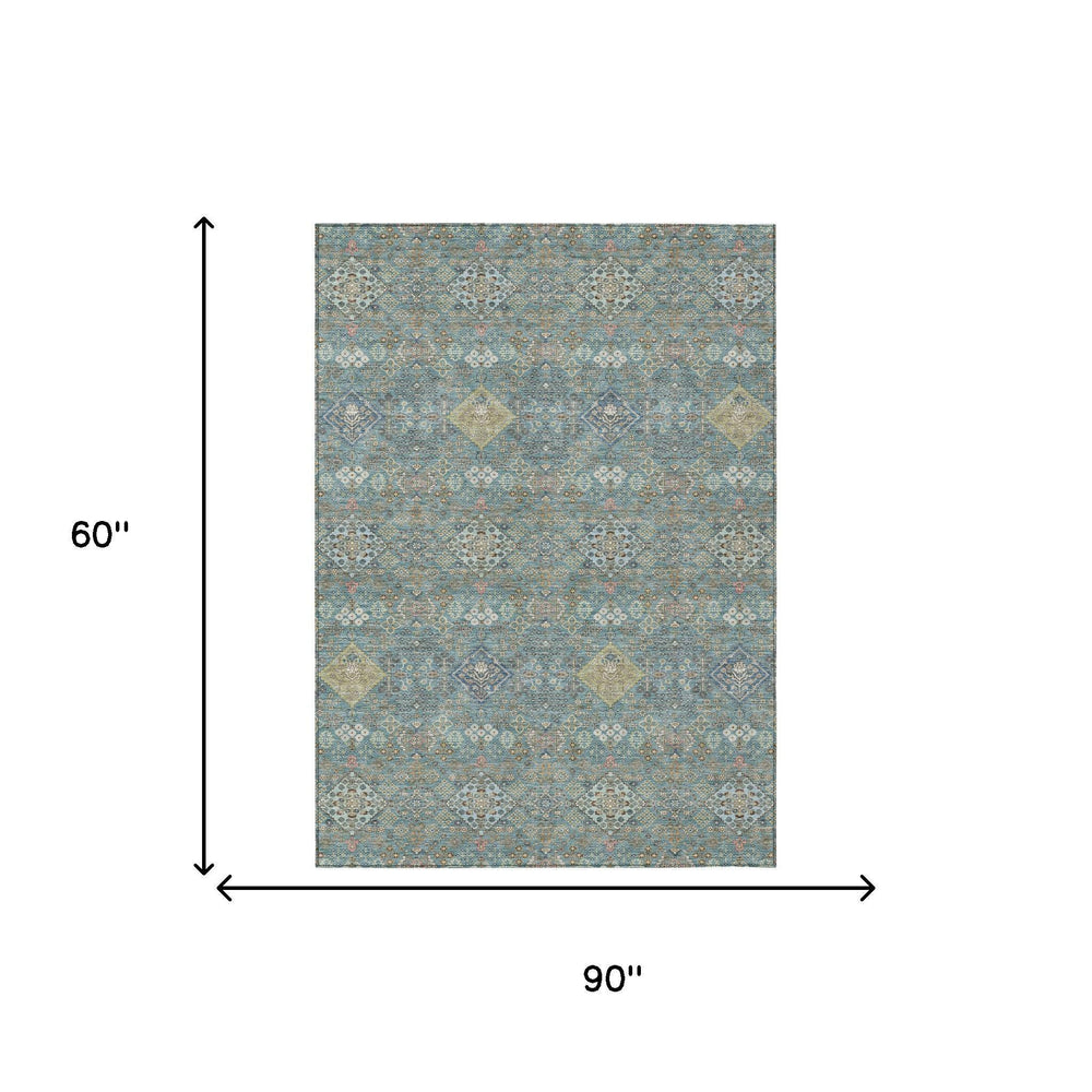 Teal Oriental Polyester Area Rug Washable Indoor Outdoor for Patio or Living Room