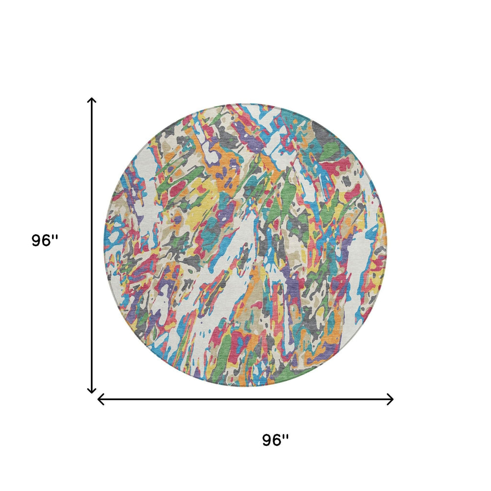 8 Ft Round Abstract Geometric Washable Polyester Rug for Indoor Outdoor Spaces