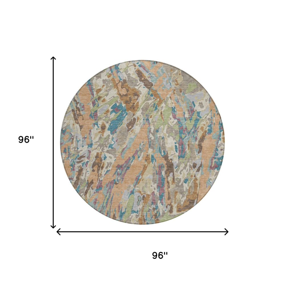 8 Ft Round Abstract Polyester Area Rug Washable Indoor Outdoor Patio Copper Ivory