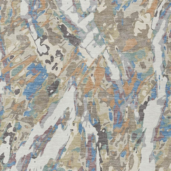 Abstract Washable Polyester Area Rug for Indoor Outdoor Living Spaces in Neutral Ivory and Gray