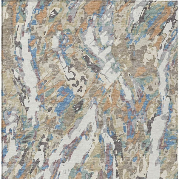 Abstract Washable Polyester Area Rug for Indoor Outdoor Living Spaces in Neutral Ivory and Gray