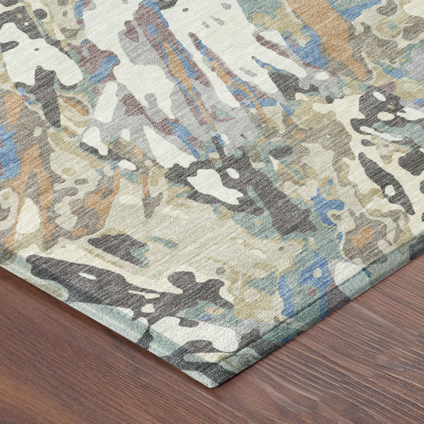 Abstract Washable Polyester Area Rug for Indoor Outdoor Living Spaces in Neutral Ivory and Gray