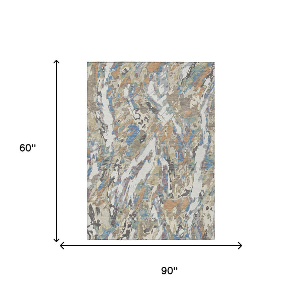 Abstract Washable Polyester Area Rug for Indoor Outdoor Living Spaces in Neutral Ivory and Gray