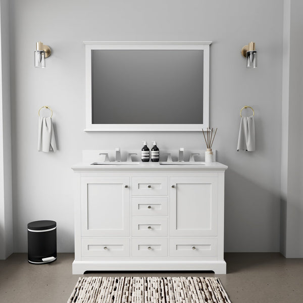English Elm White Double Bath Vanity 48 in with Cultured Marble Scratch‑Resistant Top, Faucet & 46in Mirror, Chrome B2731S01006