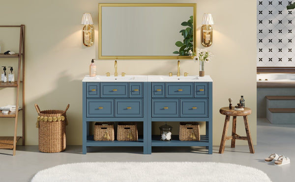 English Elm 60'' Bathroom Vanity Set With Ceramic Sink – Stylish Freestanding Storage Cabinet In Blue Finish N710SS00004C