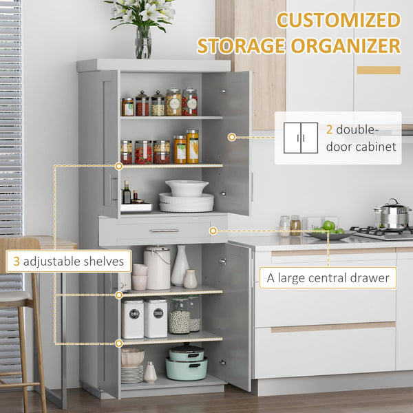 English Elm HOMCOM Tall Kitchen Pantry Cabinet 72" Grey Storage Cupboard with Adjustable Shelves, Drawer & Anti-Tip W2225S00056
