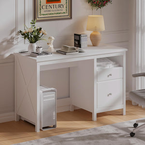 English Elm 47" Farmhouse Wood Writing Desk with Charging Station, 2 Drawers, Open Shelf & Ergonomic Workspace for Home Office and Vanity White T3771P355124