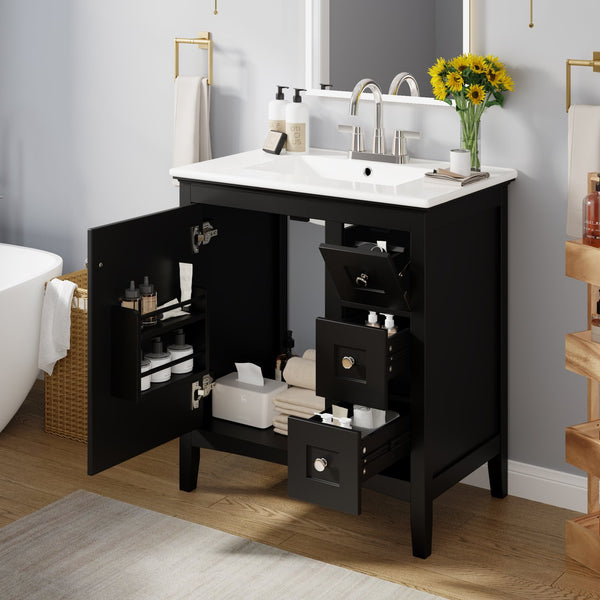 English Elm 30 Inch Bathroom Vanity with Ceramic Sink and 3 Smooth-Glide Drawers, Modern Moisture-Resistant Storage Black N710P252105B