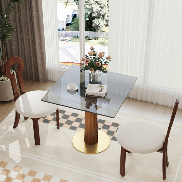 English Elm Modern Square Dining Table - 33.5" Tempered Glass Top With Wooden Legs & Gold Base, Perfect For 2! W1535S00597