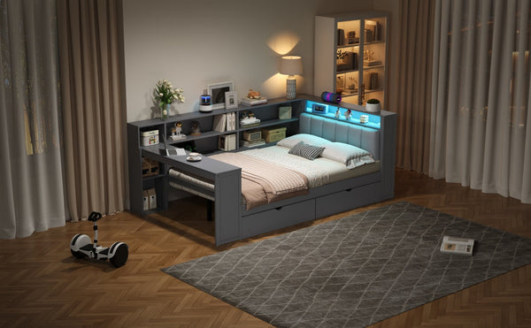 English Elm Wood Full Platform Bed with Led Headboard Built-in Desk Charging Station and Storage Shelves Grey N7090001047E-1