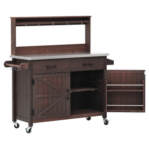 English Elm K&k Solid Fir Grill Cart Stainless Steel Top Outdoor Kitchen Station with Locking Wheels Brown N707P409087Z