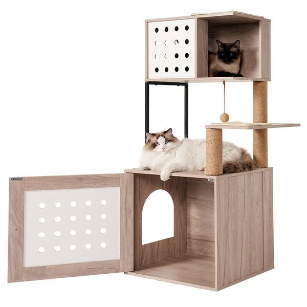 English Elm Cat Tower with Hidden Litter Enclosure Hammock Bed Feeding Station Scratching Posts W1687P304379