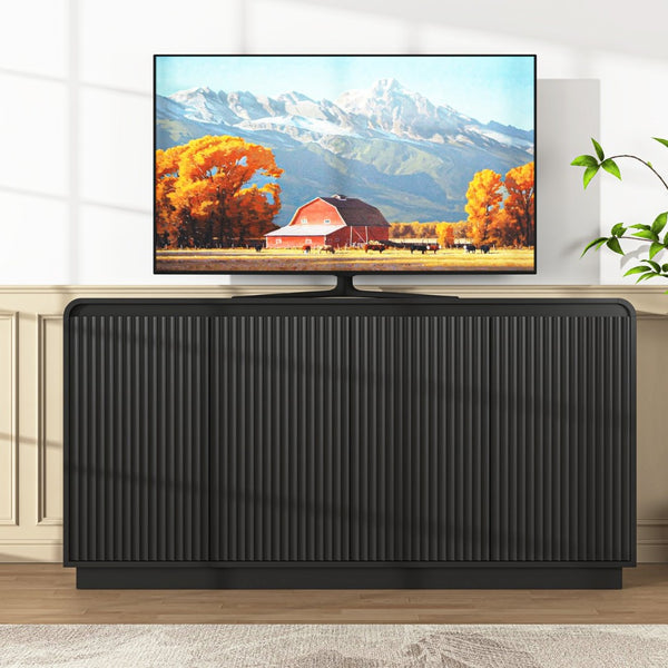 English Elm Black Fluted Wave Door Media Console with Built-in Power Outlet and Adjustable Shelving Black W409P452057