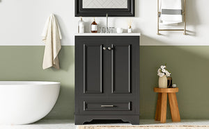 English Elm 24'' Bathroom Vanity with Ceramic Sink Combo Modern Freestanding MDF Cabinet with Soft-Close Doors and Sleek Silver Handles for Spacious Organized Bathroom Storage Black N710P194893B