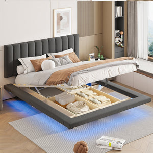 English Elm Queen Upholstered Floating Bed with LED Lighting, Hydraulic Lift, 4 Storage Drawers, Velvet Luxury Gray SF000132AAE