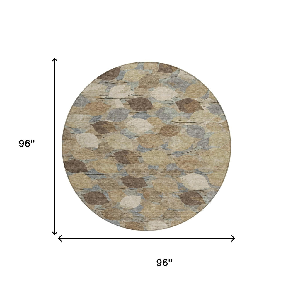 8 Ft Round Floral Polyester Area Rug Washable Beige Brown Indoor Outdoor Patio