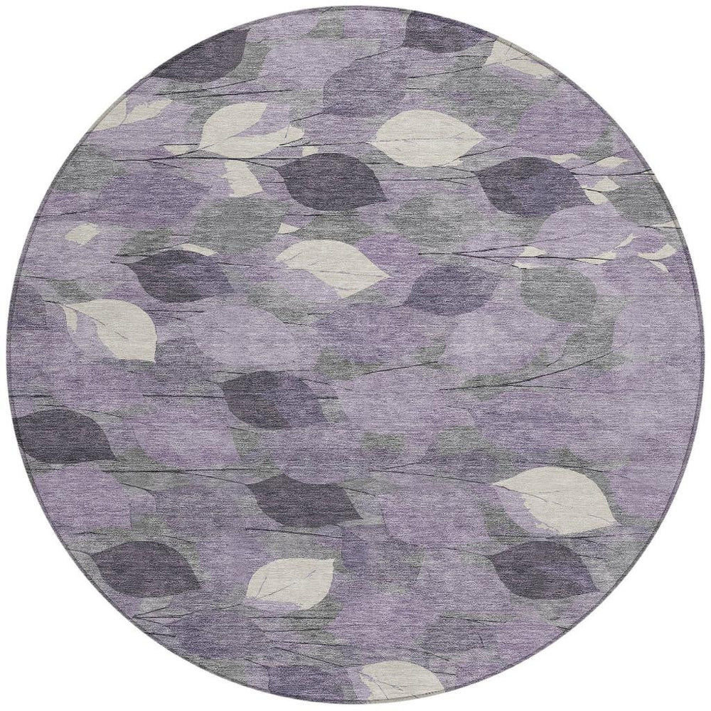 HomeRoots 8 Ft Round Floral Polyester Area Rug in Purple Washable for Indoor Outdoor Use 725043